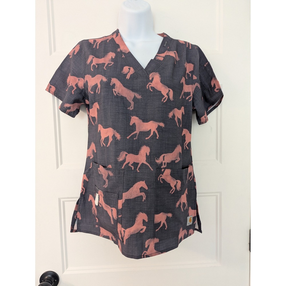 Carhartt Womens XS Scrub Top Modern Fit Horse Print V-Neck Charcoal Pink C12114